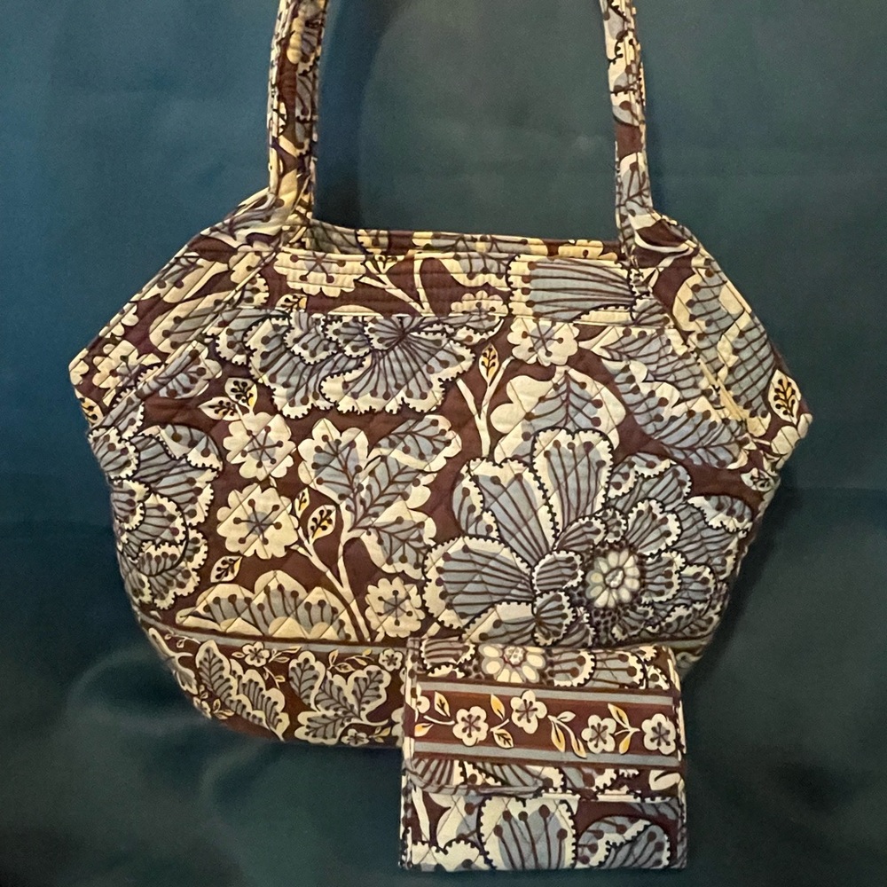 Vera Bradley ~ Angle Tote Shoulder Bag Purse & Small Wallet - Slate Blooms